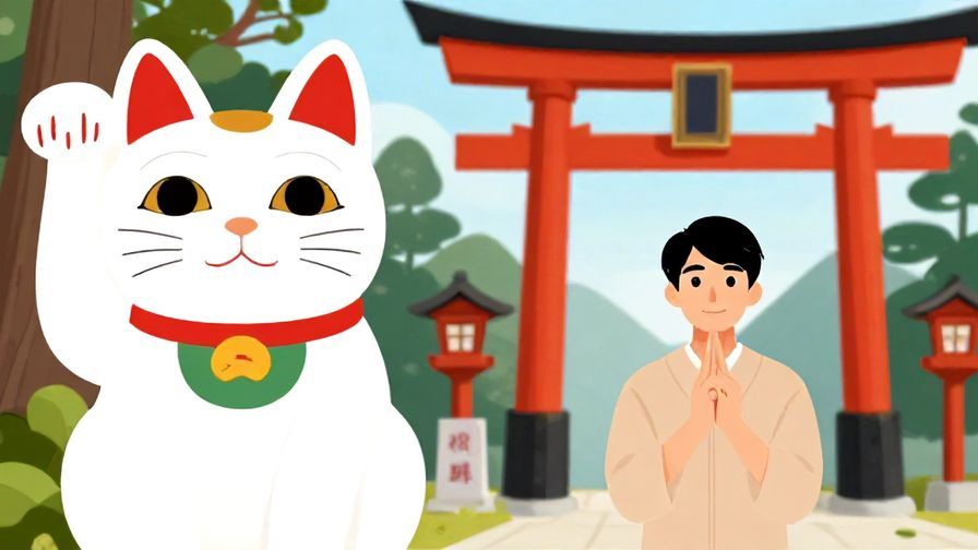 Illustration%20of%20Japanese%20cultural%20symbols%20like%20a%20lucky%20cat%2C%20a%20person%20crossing%20their%20fingers%2C%20and%20a%20shinto%20shrine%20in%20the%20background%2C%20vibrant%20colors%2C%20illustrated%20style