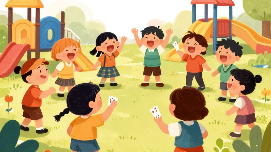 Illustration%20of%20kids giggling and chanting rock paper scissors rhythmically, colorful playground background, illustrated style