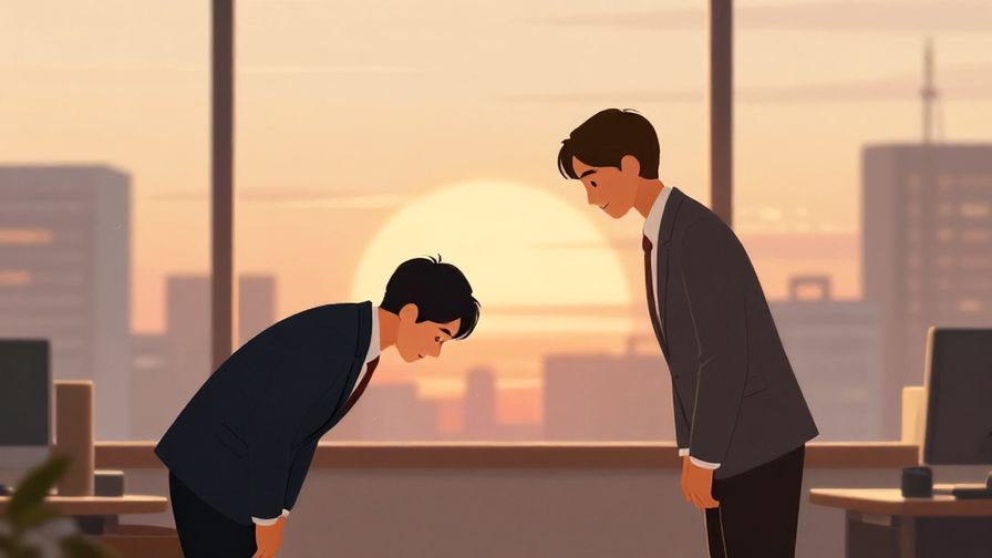 Illustration%20of%20office workers bowing politely to each other at the end of the day, with a warm sunset background and subtle cityscape