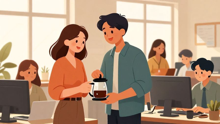 Illustration%20of%20office workers happily gathering around a coffee machine during break time, with sunlit windows, illustrated style