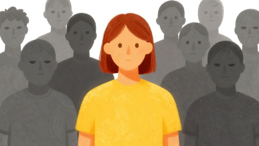 Illustration%20of%20one brightly%20colored%20person%20surrounded%20by%20grey%20figures%20looking%20unfriendly%2C%20illustrated%20style