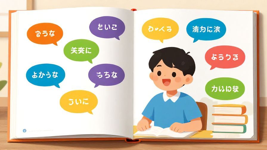 Illustration%20of%20open%20Japanese%20language%20textbook%20with%20colorful%20speech%20bubbles%20showing%20various%20phrases%20floating%20around%20a%20happy%20learner%20in%20a%20bright%20room%2C%20vibrant%20colors%2C%20illustrated%20style