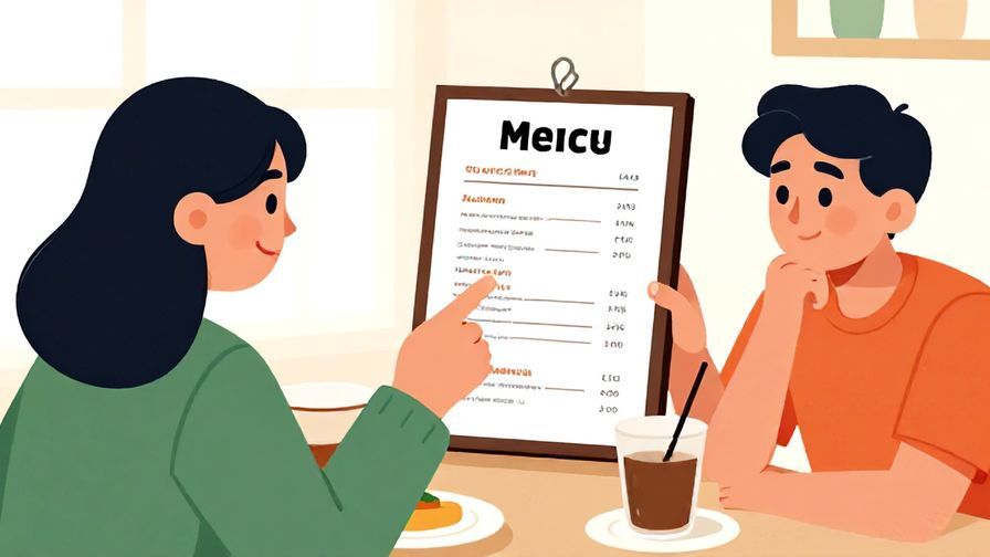 Illustration%20of%20person%20pointing%20to%20a%20menu%20with%20a%20smile%20while%20another%20person%20looks%20thoughtful%2C cafe%20setting%2C bright colors%2C illustrated style