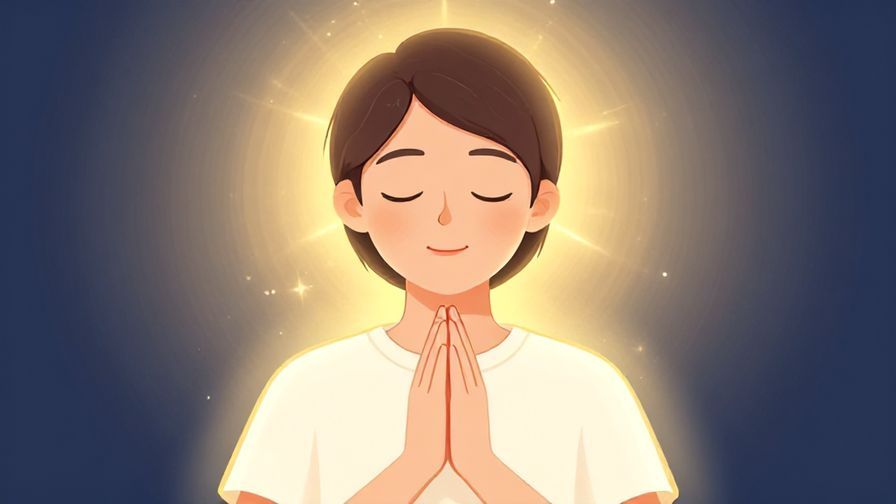 Illustration%20of%20someone closing their eyes, hands clasped in prayer, with a shining aura around, peaceful and hopeful atmosphere
