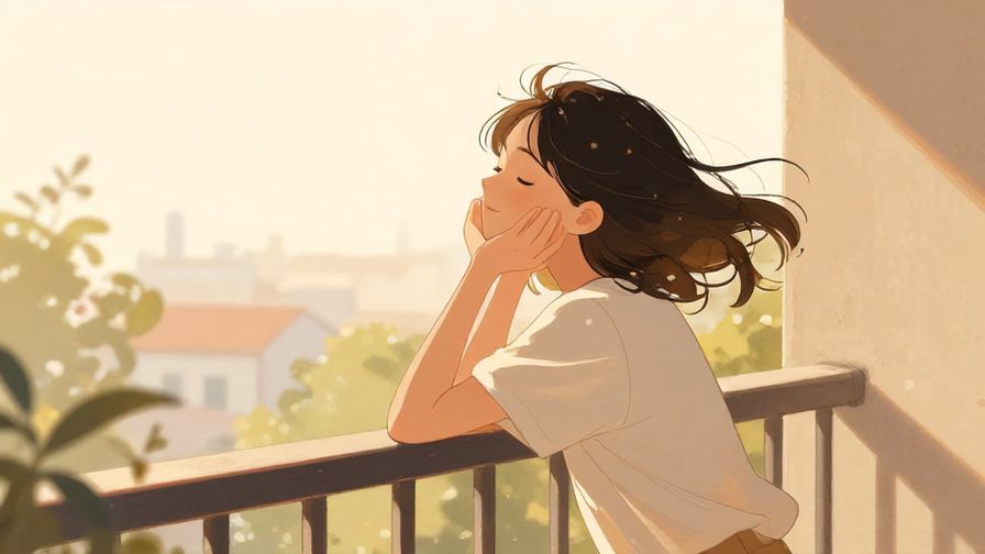 Illustration%20of%20someone enjoying a gentle breeze on a balcony with afternoon sunlight, peaceful and satisfied