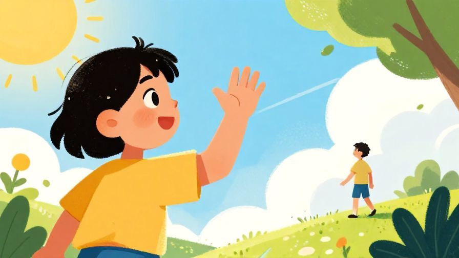 Illustration%20of%20someone excitedly waving at a friend far away, bright sunlight, vibrant colors, illustrated style