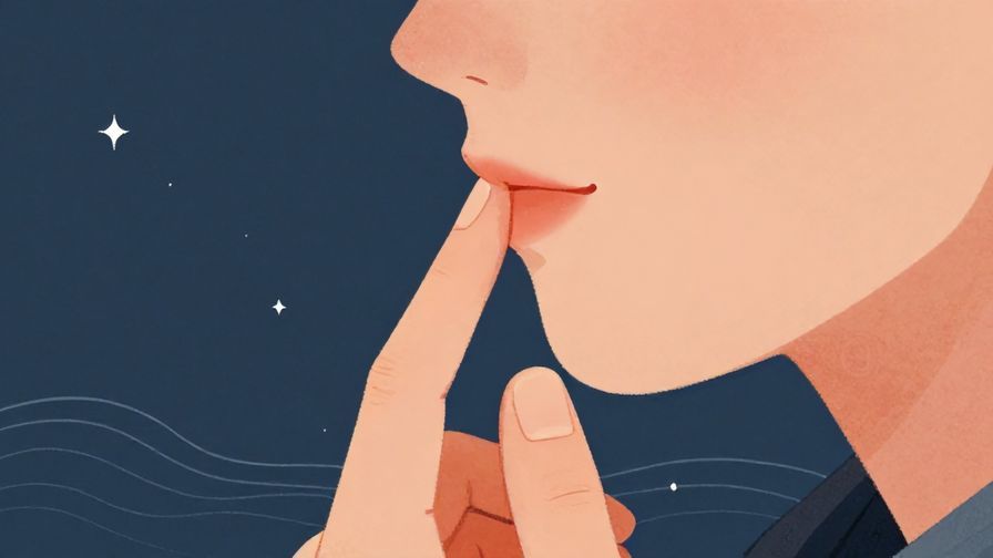 Illustration%20of%20someone gently pressing their lips closed with a playful smirk, soft background with stars and gentle waves