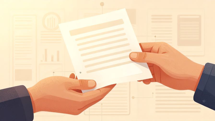 Illustration%20of%20someone handing over helpful documents politely, warm lighting, detailed background, illustrated style
