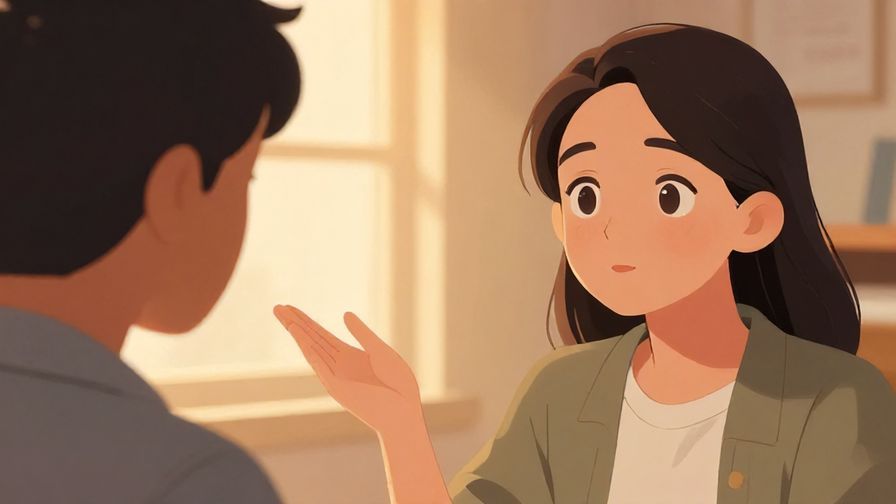 Illustration%20of%20someone politely correcting another person%2C gentle facial expression%2C warm indoor lighting%2C illustrated style