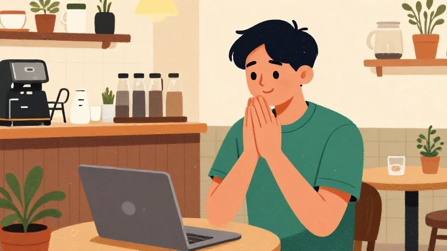Illustration%20of%20someone politely excusing themselves in a cozy coffee shop, gentle smile, casual clothing, detailed background, vibrant colors, illustrated style