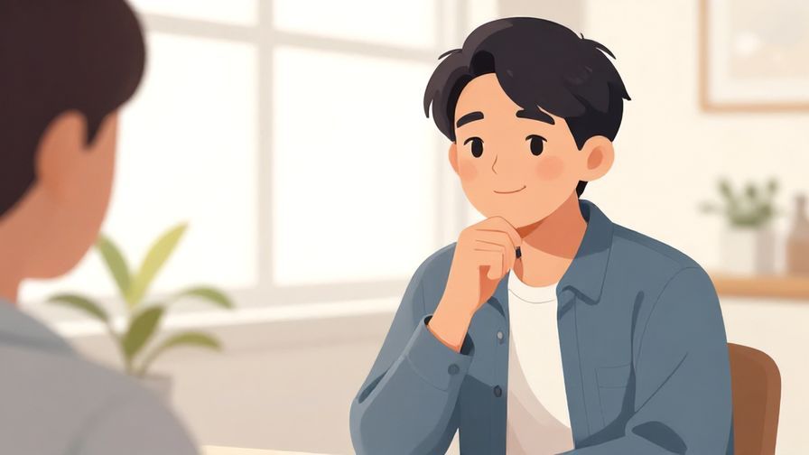 Illustration%20of%20someone politely giving their opinion with a thoughtful smile, bright indoor setting, illustrated style