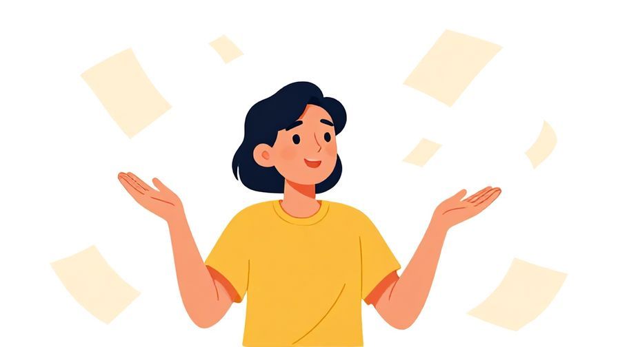 Illustration%20of%20someone smiling with relief, throwing papers gently in the air in a carefree way, bright colors