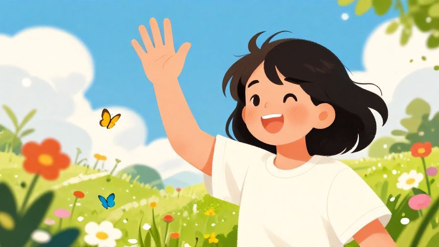 Illustration%20of%20someone waving their hand with a carefree smile, bright sunny outdoor setting with flowers and butterflies, vibrant colors, illustrated style