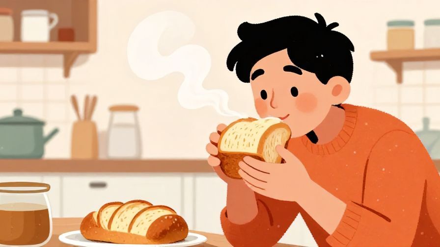 Illustration%20of%20someone%20sniffing%20freshly%20baked%20bread%20with%20steam%20rising%20and%20a%20pleased%20expression%2C%20kitchen%20scene%2C%20vibrant%20colors%2C%20illustrated%20style