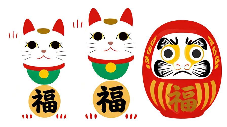 Illustration%20of%20traditional%20Japanese%20lucky%20items%20like%20maneki-neko%20(cat)%20and%20daruma%20doll%20arranged%20together%2C%20bright%20colors%2C%20festive%20atmosphere