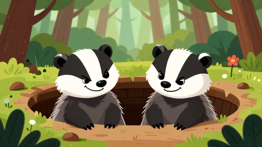 Illustration%20of%20two badgers peeking out from the same burrow with mischievous grins, forest background, playful colors