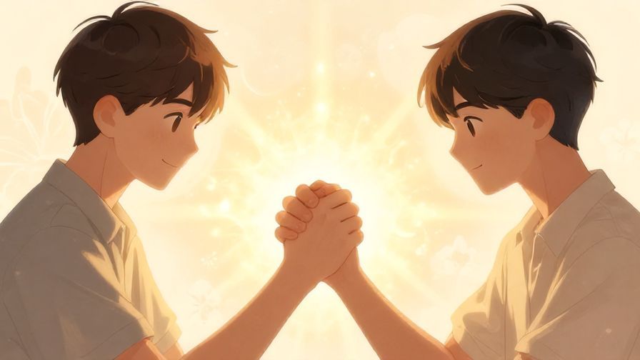 Illustration%20of%20two brothers clasping hands tightly, surrounded by glowing light and soft floral motifs, gentle and heartfelt atmosphere, illustrated style
