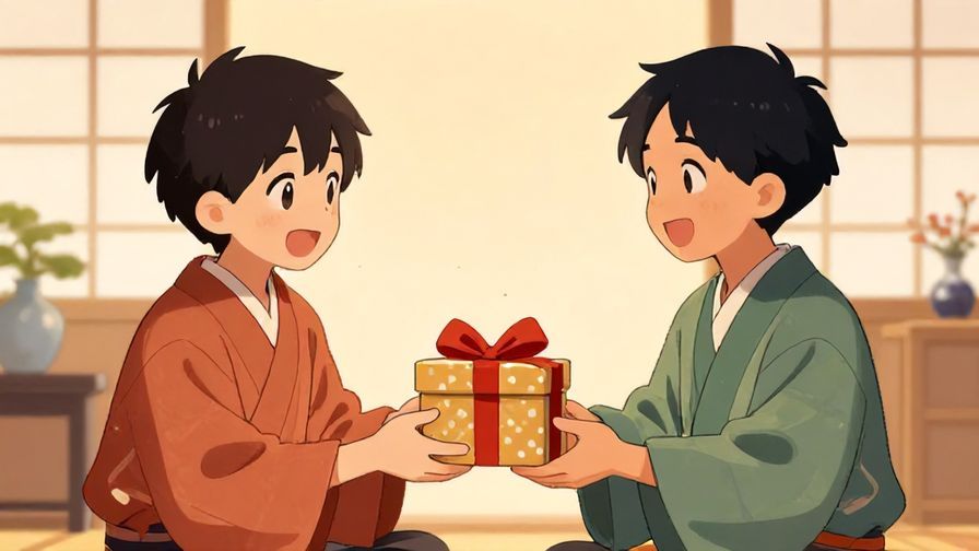 Illustration%20of%20two brothers exchanging gifts in a festive Japanese setting, warm light, joyful expressions, illustrated style
