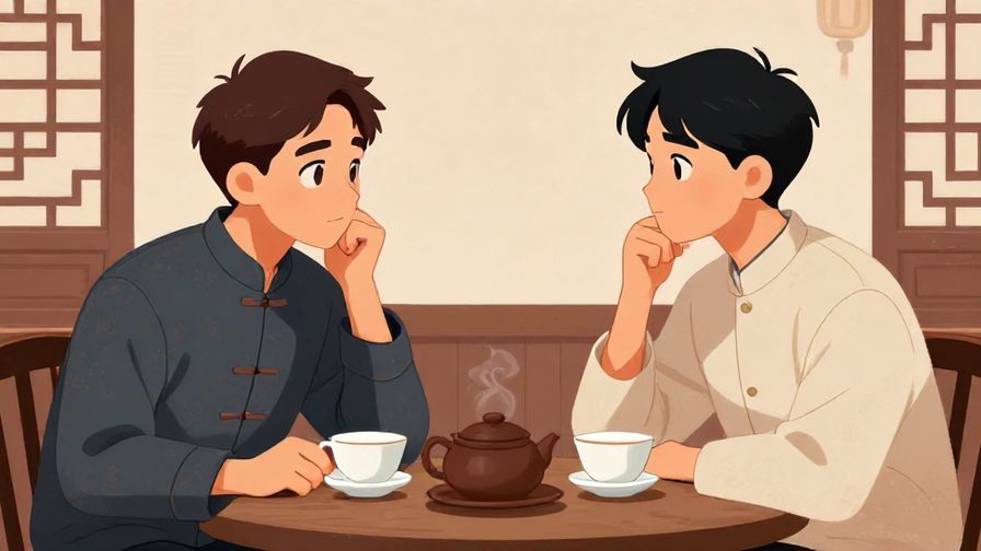 Illustration%20of%20two brothers exchanging meaningful looks in a traditional tea room, calm atmosphere, elegant colors, illustrated style