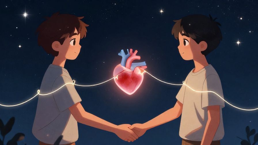 Illustration%20of%20two brothers holding hands with glowing threads connecting their hearts, night sky with stars background, magical atmosphere, illustrated style