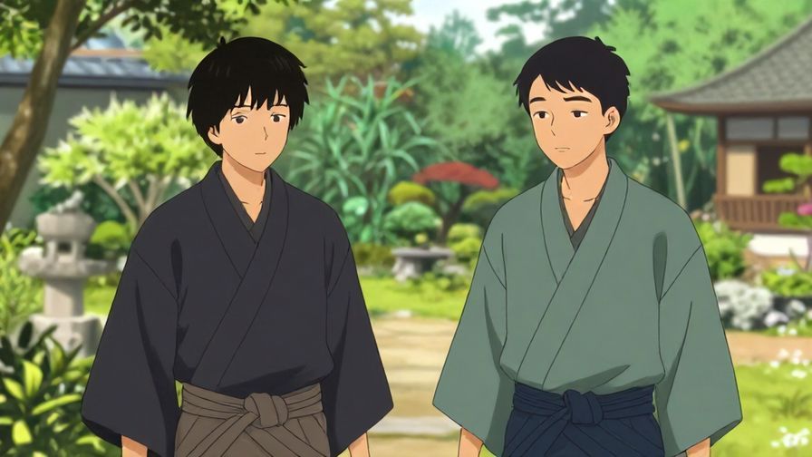 Illustration%20of%20two brothers in traditional Japanese attire supporting each other, serene garden background, soft lighting, illustrated style