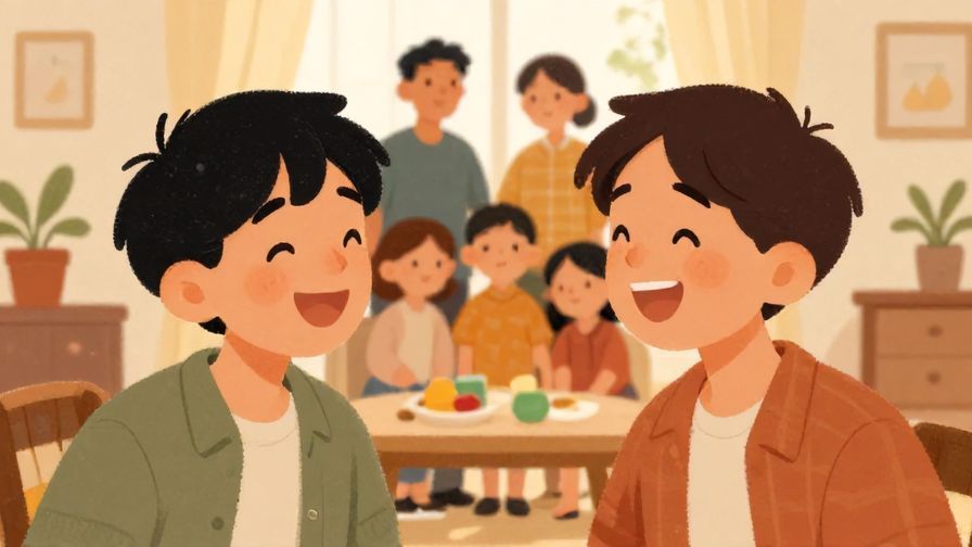 Illustration%20of%20two brothers laughing with extended family in the background, warm colors, cozy home setting, illustrated style