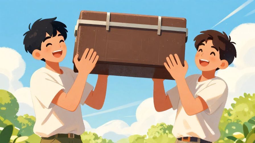 Illustration%20of%20two brothers lifting a heavy object together, smiling and strong, bright daylight, energetic colors, illustrated style