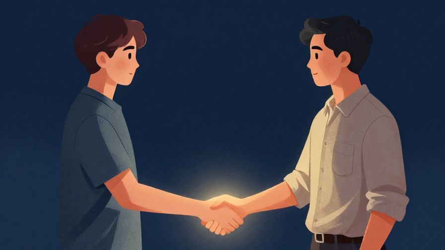 Illustration%20of%20two brothers shaking hands firmly, with glowing light around their hands symbolizing trust, calm background, illustrated style
