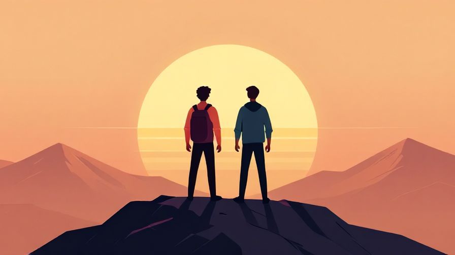 Illustration%20of%20two brothers standing firmly together on a mountaintop, sunrise background, majestic and inspiring vibe, illustrated style
