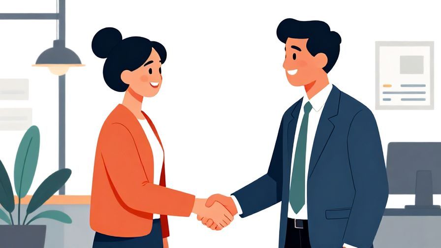 Illustration%20of%20two business colleagues shaking hands with genuine smiles in a modern office, vibrant colors, illustrated style
