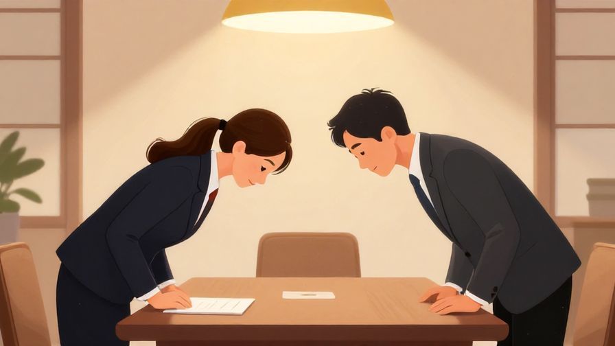 Illustration%20of%20two business people bowing politely to each other in a meeting room, warm lighting, elegant and respectful atmosphere, illustrated style