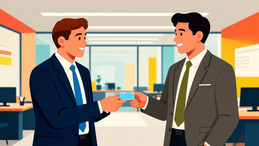Illustration%20of%20two business people exchanging business cards and smiling%20in%20a modern office%20with vibrant colors%2C%20illustrated%20style