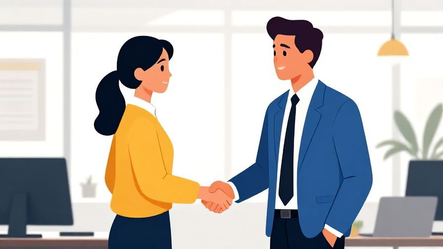 Illustration%20of%20two business people shaking hands in a modern office, professional atmosphere, vibrant colors, illustrated style
