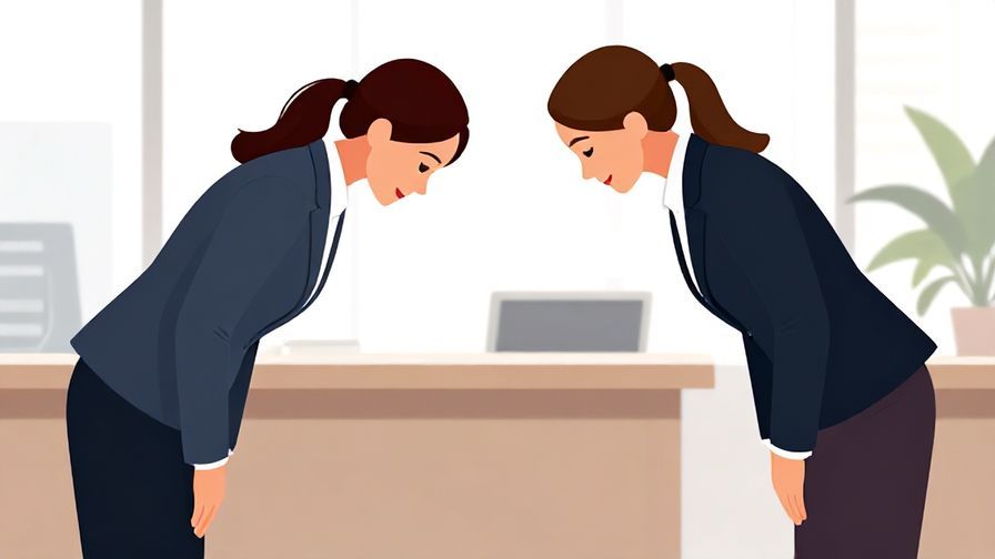 Illustration%20of%20two business professionals bowing slightly in a formal office setting, polished and neat, vibrant colors, illustrated style