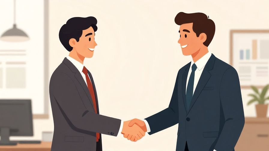 Illustration%20of%20two businesspeople shaking hands with respectful smiles in an office setting, detailed background, illustrated style