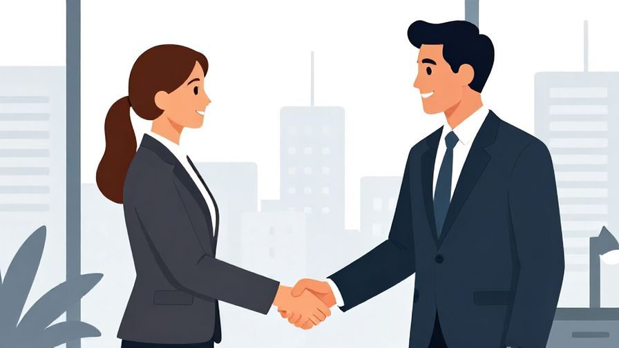Illustration%20of%20two businesspeople shaking hands with a city office background, formal and respectful mood, illustrated style