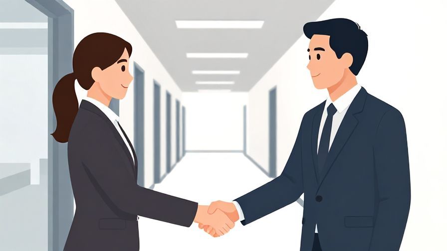 Illustration%20of%20two businesspeople shaking hands in an office hallway, polite smiles