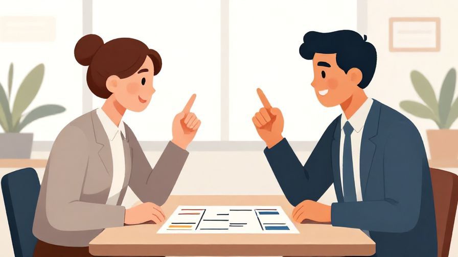 Illustration%20of%20two businesspeople smiling and preparing for a friendly rock paper scissors match, office setting, bright colors, illustrated style