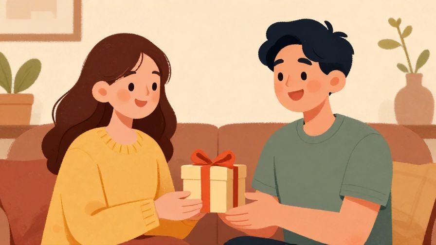 Illustration%20of%20two characters exchanging smiles and small gifts, warm colors, cozy room
