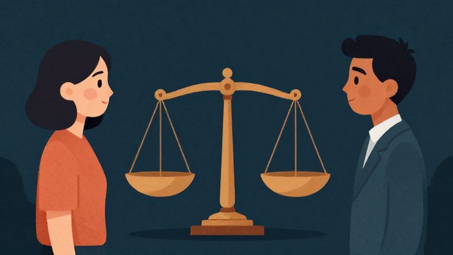 Illustration%20of%20two characters facing each other with balanced scales between them, symbolizing justice and fairness, deep colors, illustrated style