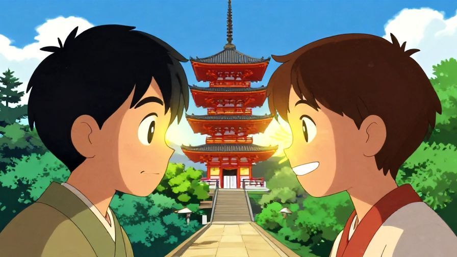 Illustration%20of%20two characters facing each other, one with a symbolic eye glowing and the other with a tooth shining, with a traditional Japanese temple background, vibrant colors, illustrated style