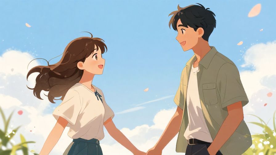 Illustration%20of%20two characters smiling softly as they step away from each other under a bright sky with fluttering petals