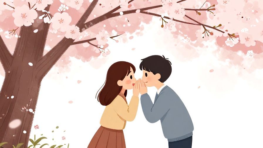 Illustration%20of%20two characters whispering to each other under a cherry blossom tree, soft petals falling, gentle spring colors