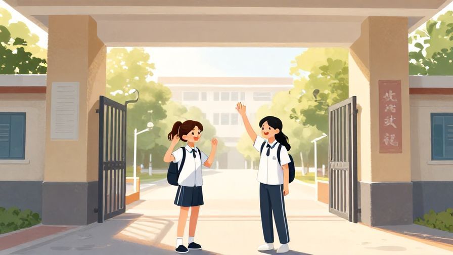 Illustration%20of%20two classmates waving goodbye outside school gates in the morning light, cheerful atmosphere, illustrated style