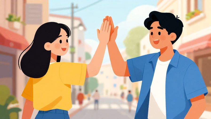 Illustration%20of%20two close friends exchanging high-fives with a casual street background, bright colors, illustrated style