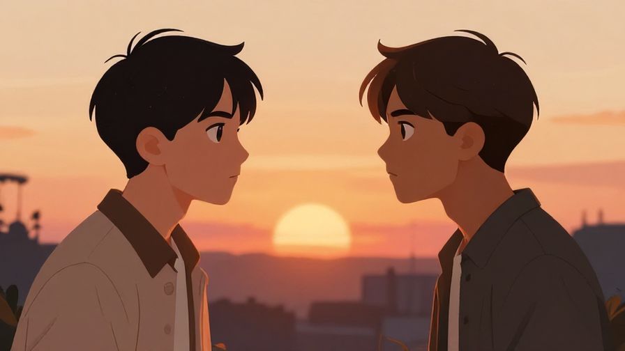 Illustration%20of%20two close male friends facing each other with serious but warm expressions, sunset background