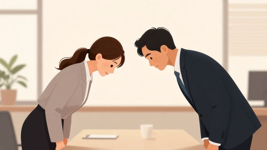 Illustration%20of%20two colleagues bowing slightly to each other in an office, professional attire, soft lighting