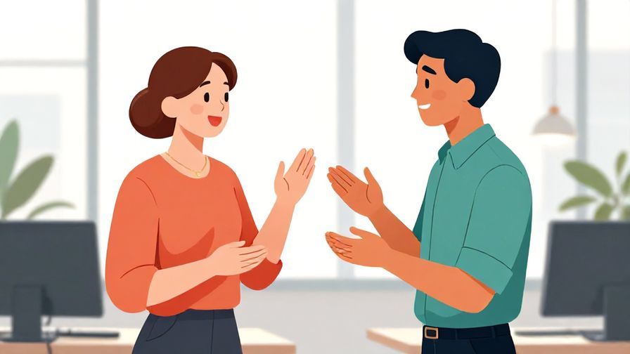 Illustration%20of%20two colleagues exchanging polite morning greetings with smiles in a modern office, one asking how the other is doing.%20Bright%20colors%2C%20illustrated%20style
