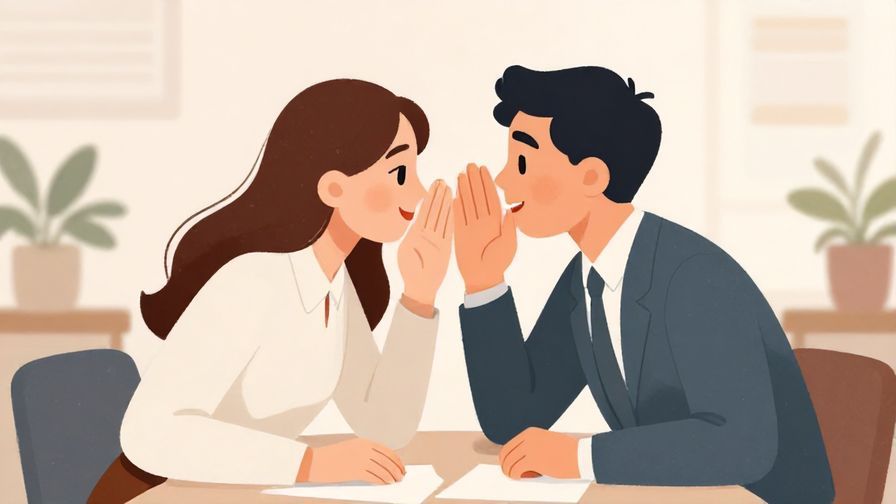 Illustration%20of%20two colleagues in a quiet meeting room, one whispering to the other, soft pastel colors, professional setting, illustrated style