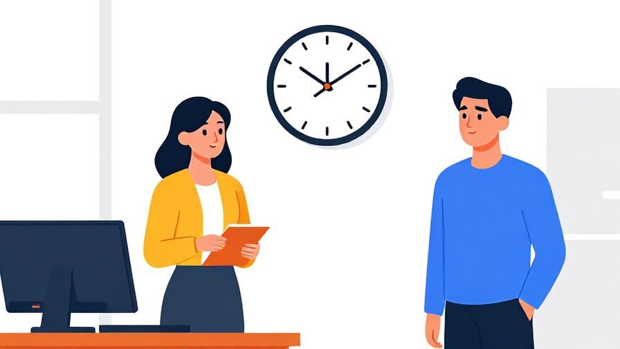 Illustration%20of%20two colleagues looking at a clock and preparing to leave an office, calm expressions, vibrant colors